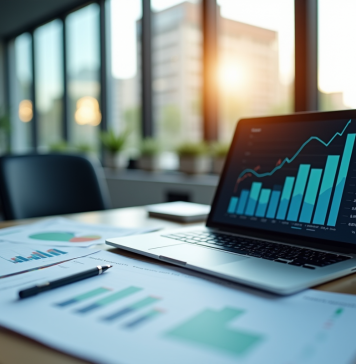 Espace de bureau moderne avec graphiques financiers et ordinateur