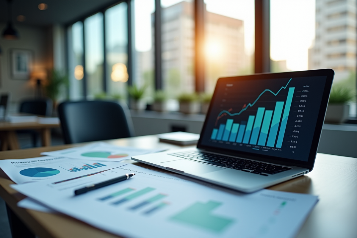 Espace de bureau moderne avec graphiques financiers et ordinateur