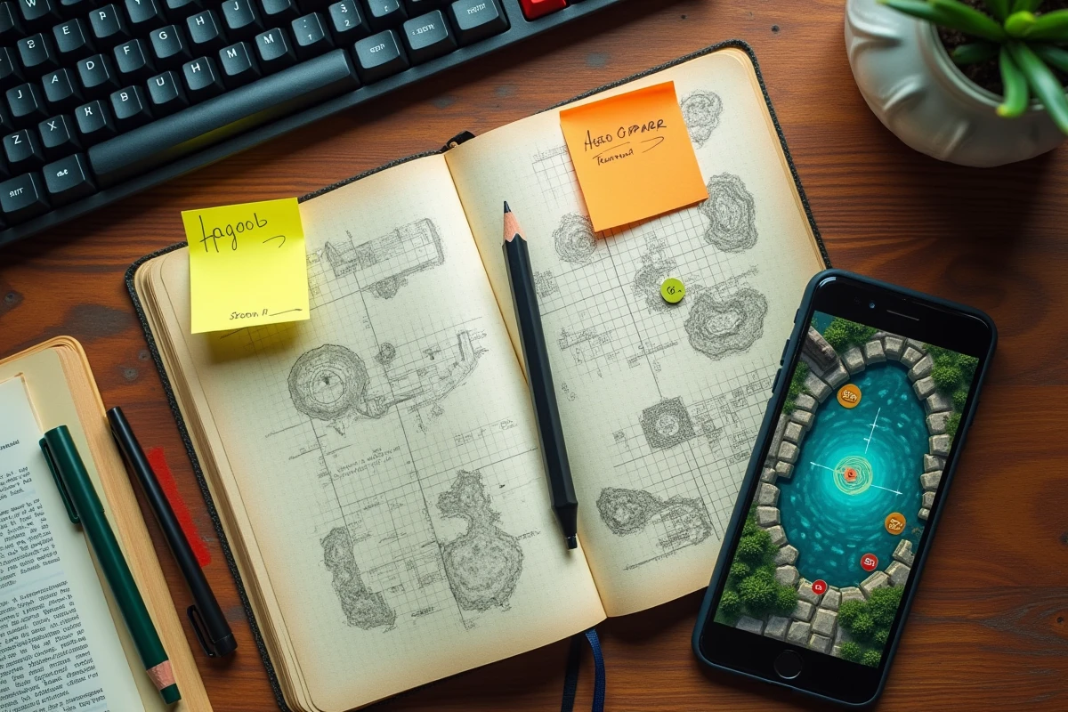 Vue aérienne d'un bureau de joueur avec notes manuscrites de coordonnées et carte de jeu fantastique sur smartphone