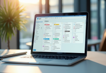 Espace de travail moderne avec un ordinateur affichant une boîte mail colorée