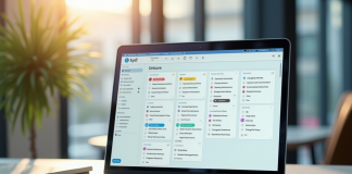 Espace de travail moderne avec un ordinateur affichant une boîte mail colorée