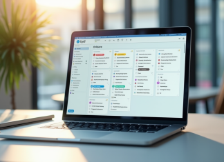 Espace de travail moderne avec un ordinateur affichant une boîte mail colorée