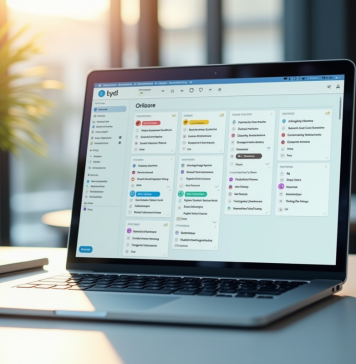 Espace de travail moderne avec un ordinateur affichant une boîte mail colorée