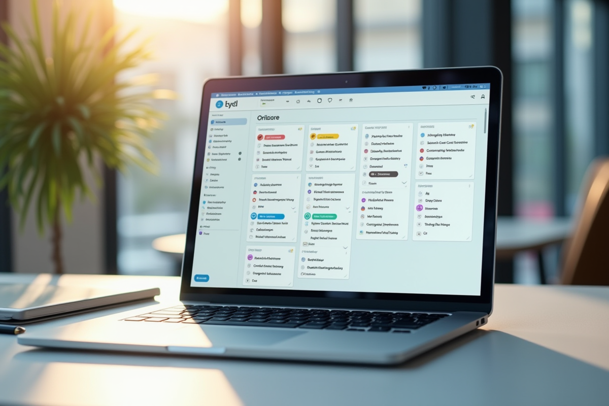 Espace de travail moderne avec un ordinateur affichant une boîte mail colorée