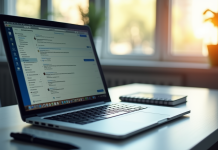 Bureau moderne avec ordinateur portable lumineux et bloc-notes