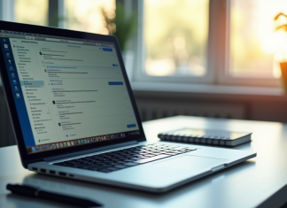 Bureau moderne avec ordinateur portable lumineux et bloc-notes
