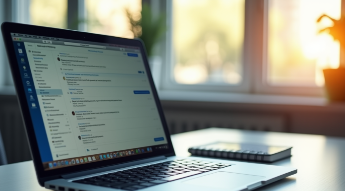 Bureau moderne avec ordinateur portable lumineux et bloc-notes