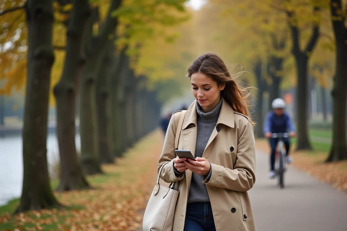 Une jeune femme consulte une carte de Toulouse sur smartphone en se promenant le long du Canal du Midi