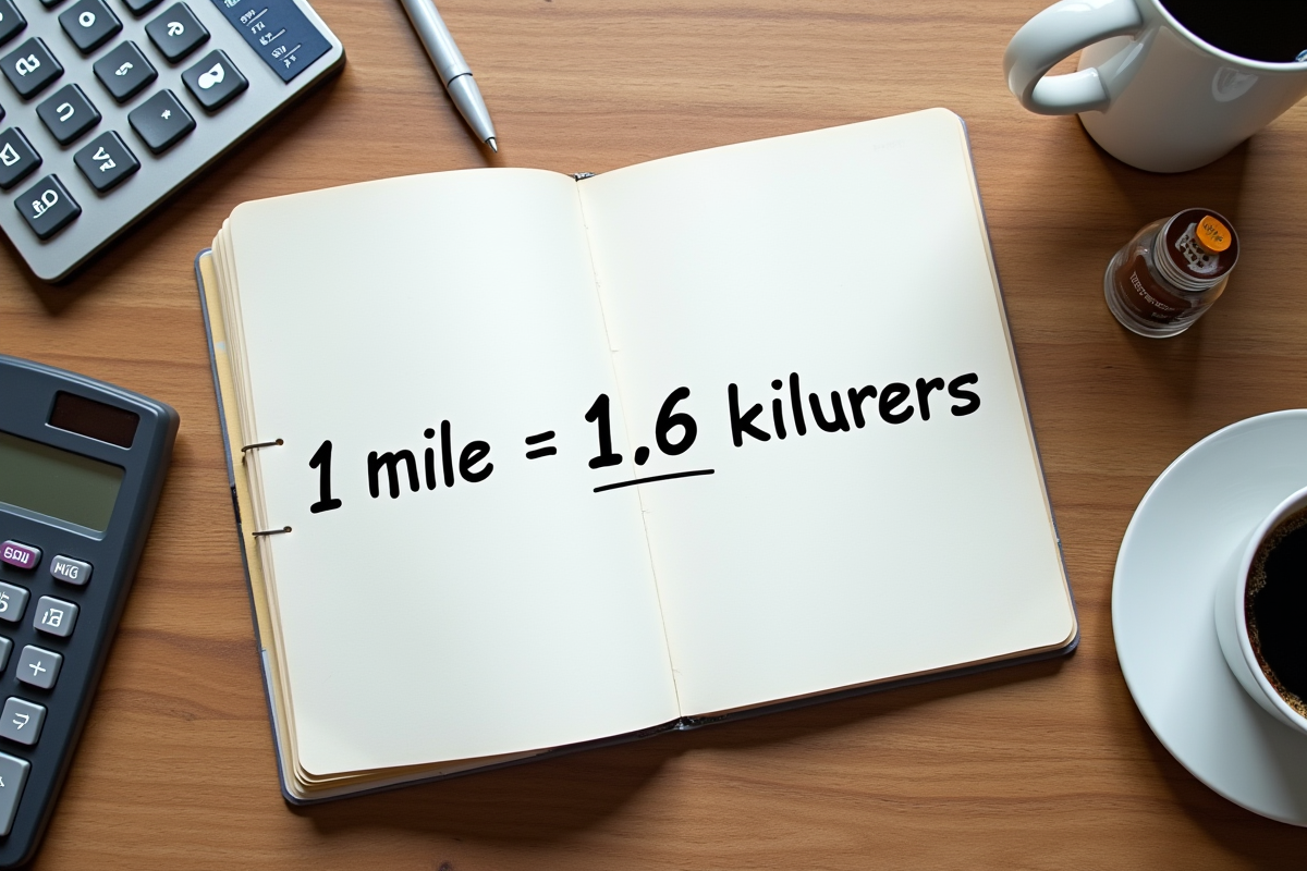 Carnet ouvert avec conversion miles en kilomètres sur un bureau en bois