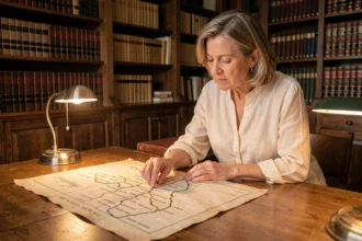 Femme étudiant une carte généalogique ancienne dans une salle d'archives historiques, illustrant la recherche du nom de famille Pompeu