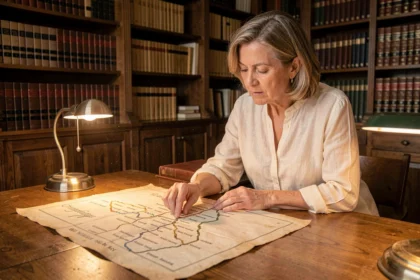 Femme étudiant une carte généalogique ancienne dans une salle d'archives historiques, illustrant la recherche du nom de famille Pompeu