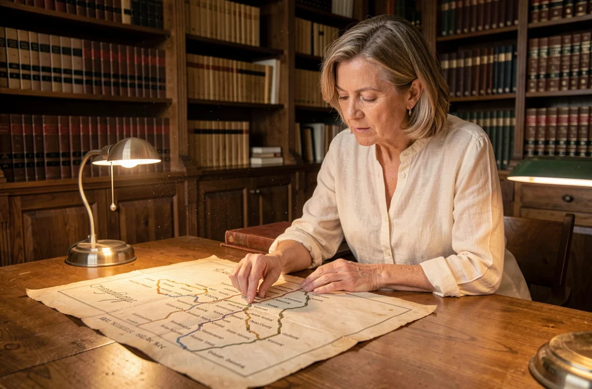 Femme étudiant une carte généalogique ancienne dans une salle d'archives historiques, illustrant la recherche du nom de famille Pompeu