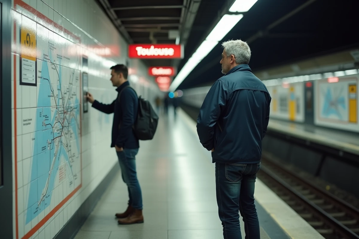 Un homme consulte la carte interactive du métro Toulouse sur le quai d'une station ligne A