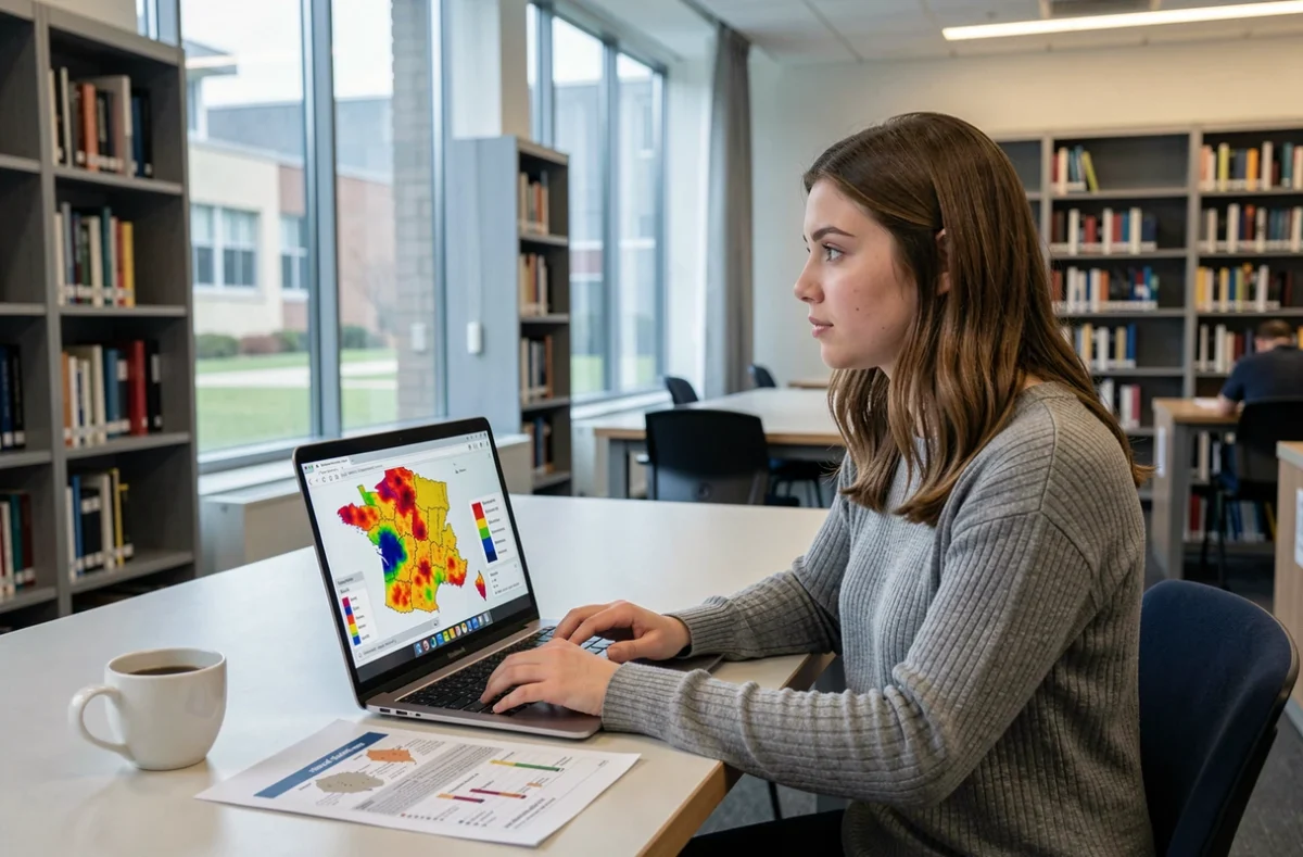 Jeune femme recherchant la distribution géographique du nom de famille Pompeu sur une carte numérique dans une bibliothèque universitaire
