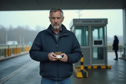 Homme tenant un cartouche de cigarettes à un poste de contrôle douanier au Luxembourg