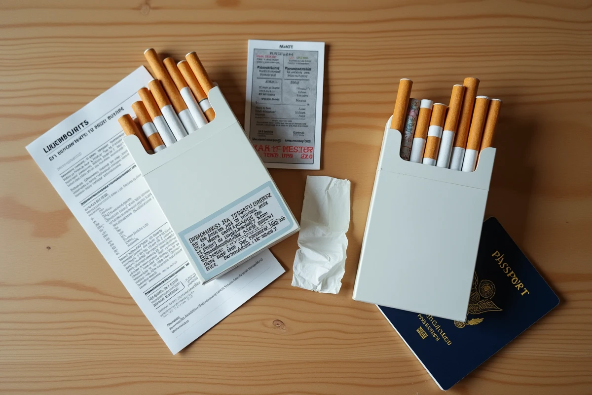 Cartouches de cigarettes avec timbre fiscal luxembourgeois et documents douaniers sur une table