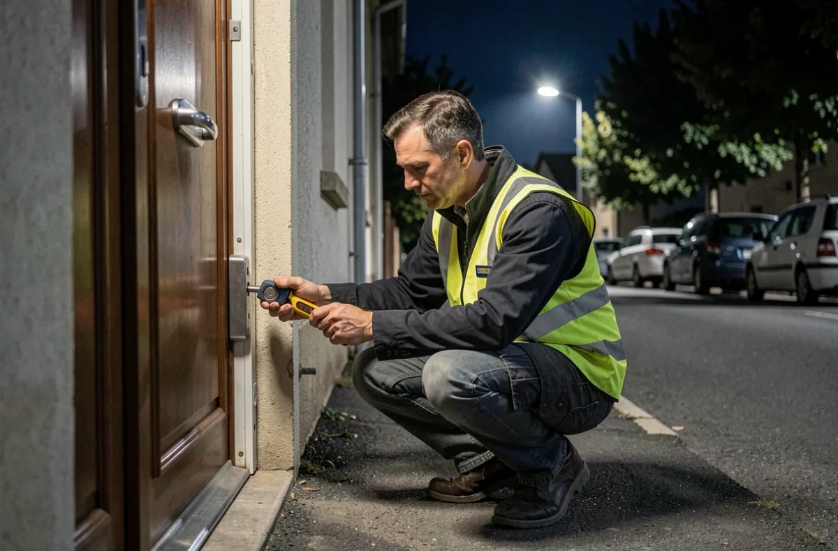 Serrurier de Charente Sécurité Serrurerie intervenant de nuit lors d'une astreinte nocturne en agglomération