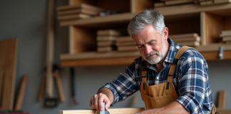 Charpentier homme vérifiant un cadre en bois dans son atelier