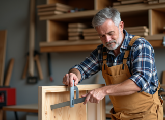 Charpentier homme vérifiant un cadre en bois dans son atelier