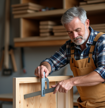 Équerrage : Comment réussir cette opération essentielle en menuiserie ? Charpentier homme vérifiant un cadre en bois dans son atelier