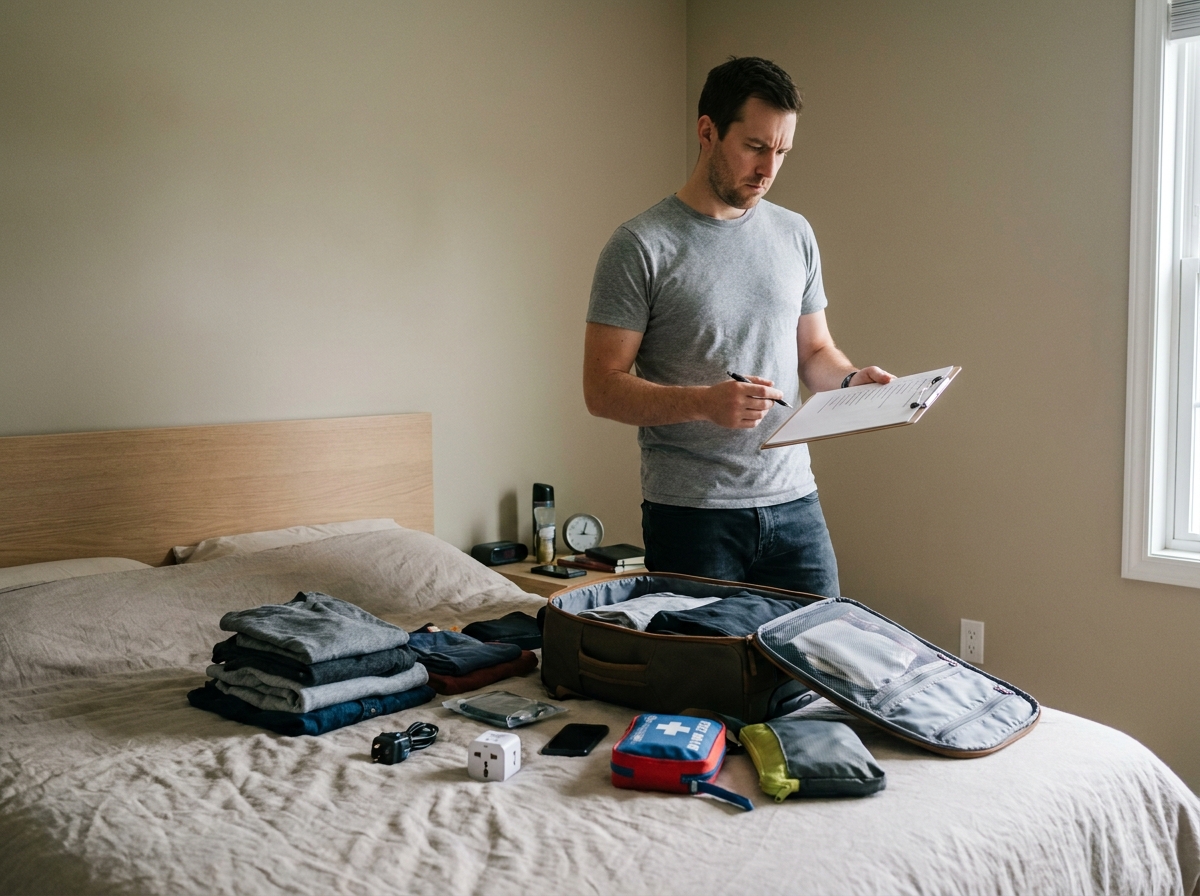 Homme vérifiant une liste de préparation avant son départ en PVT avec un sac à dos ouvert sur un lit