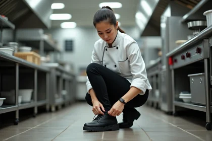 Chef femme en cuisine professionnelle en train de lacer ses chaussures