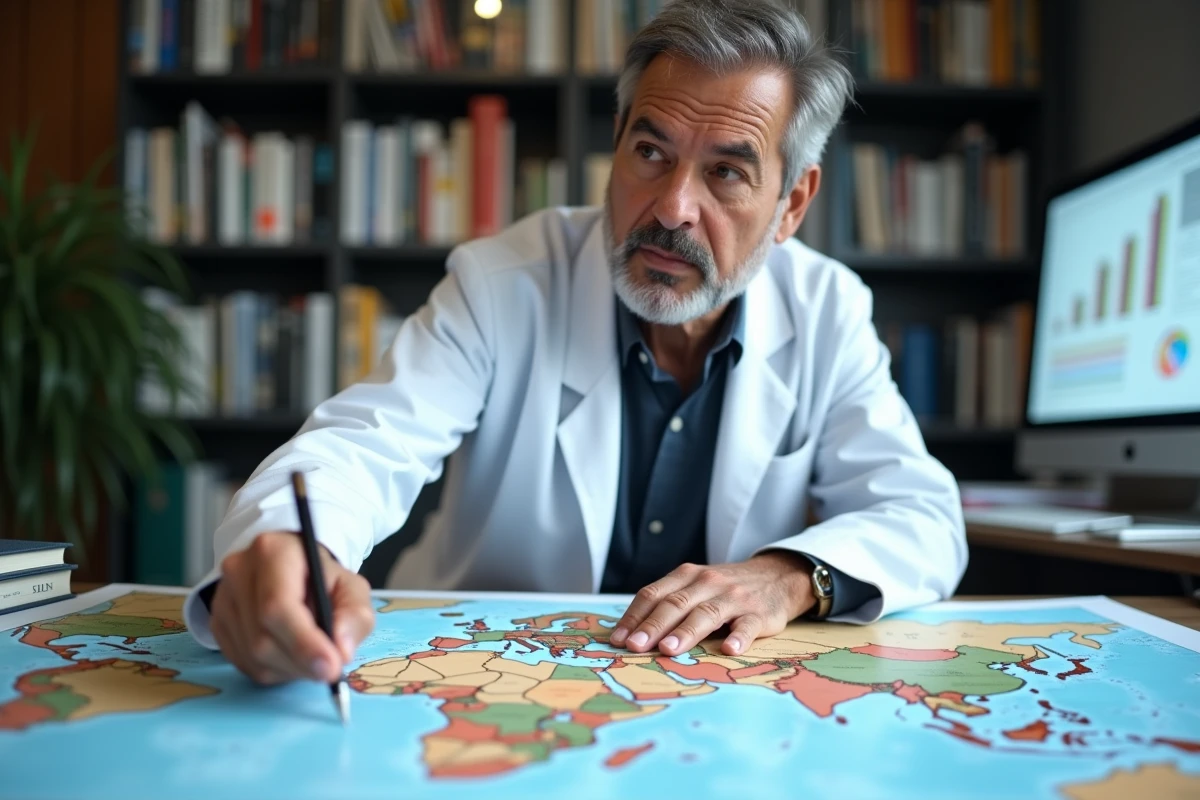 Chercheur examinant une carte du monde dans un laboratoire, représentant l'étude scientifique de la répartition géographique des yeux bleus selon les continents et les populations
