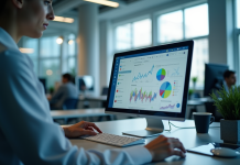 Chercheur dans un bureau moderne avec écran d'email et graphiques