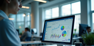 Chercheur dans un bureau moderne avec écran d'email et graphiques