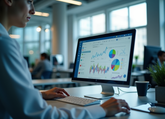 Chercheur dans un bureau moderne avec écran d'email et graphiques