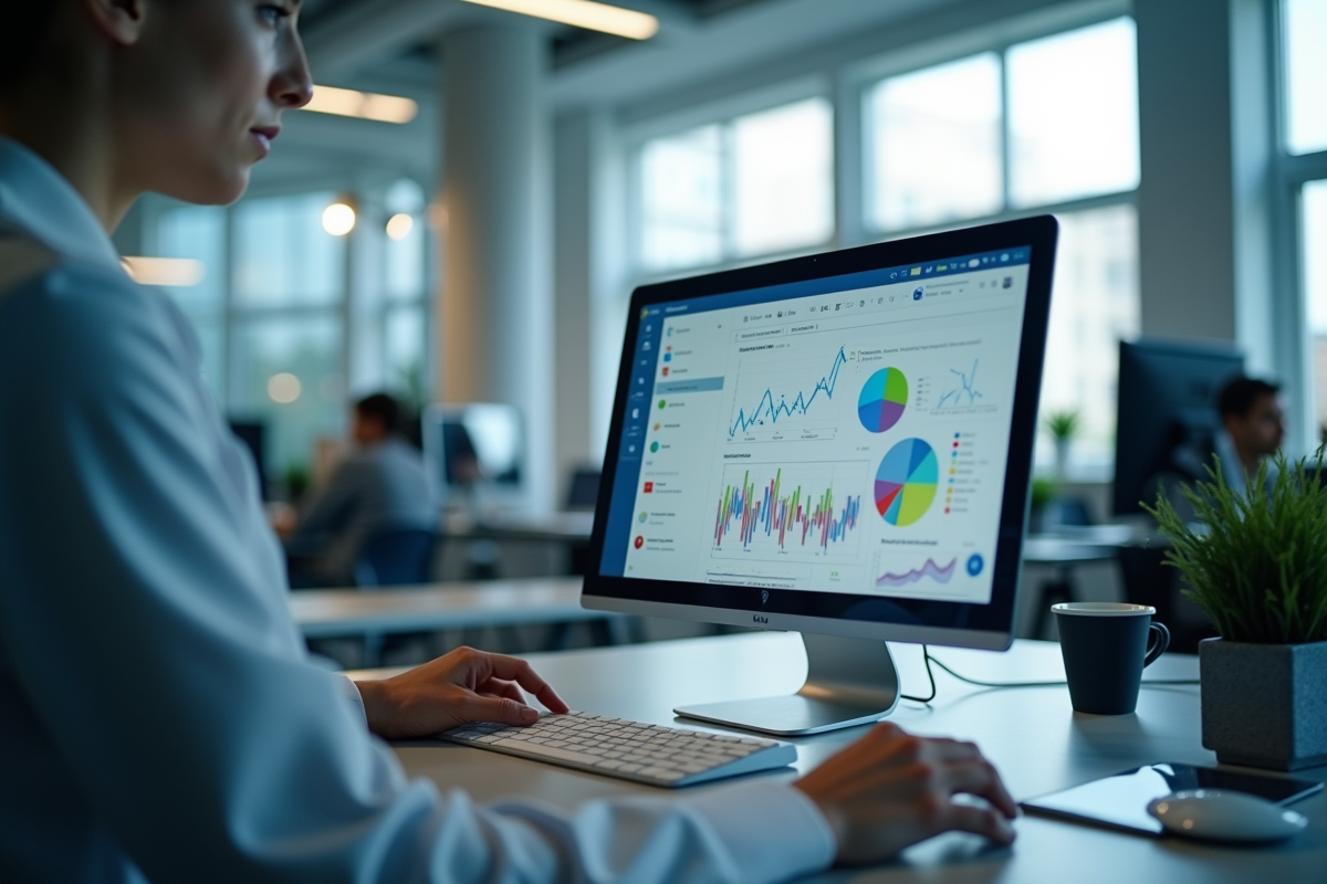 Chercheur dans un bureau moderne avec écran d'email et graphiques
