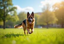 Chien berger allemand courant dans un parc ensoleille