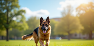 Chien berger allemand courant dans un parc ensoleille