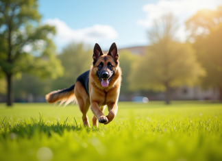 Chien berger allemand courant dans un parc ensoleille