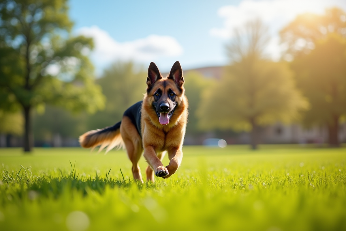 Chien berger allemand courant dans un parc ensoleille