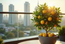 Citronnier en pot sur balcon lumineux avec citrons mûrs