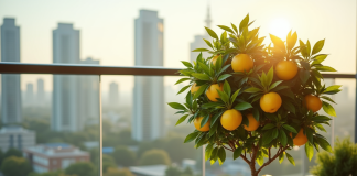 Citronnier en pot sur balcon lumineux avec citrons mûrs