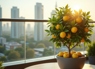 Citronnier en pot sur balcon lumineux avec citrons mûrs