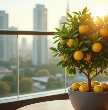 Citronnier en pot sur balcon lumineux avec citrons mûrs