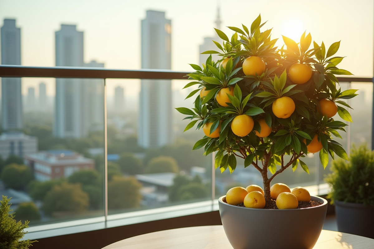 Citronnier en pot sur balcon lumineux avec citrons mûrs