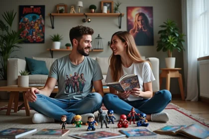 Jeune couple discutant de leur collection Marvel