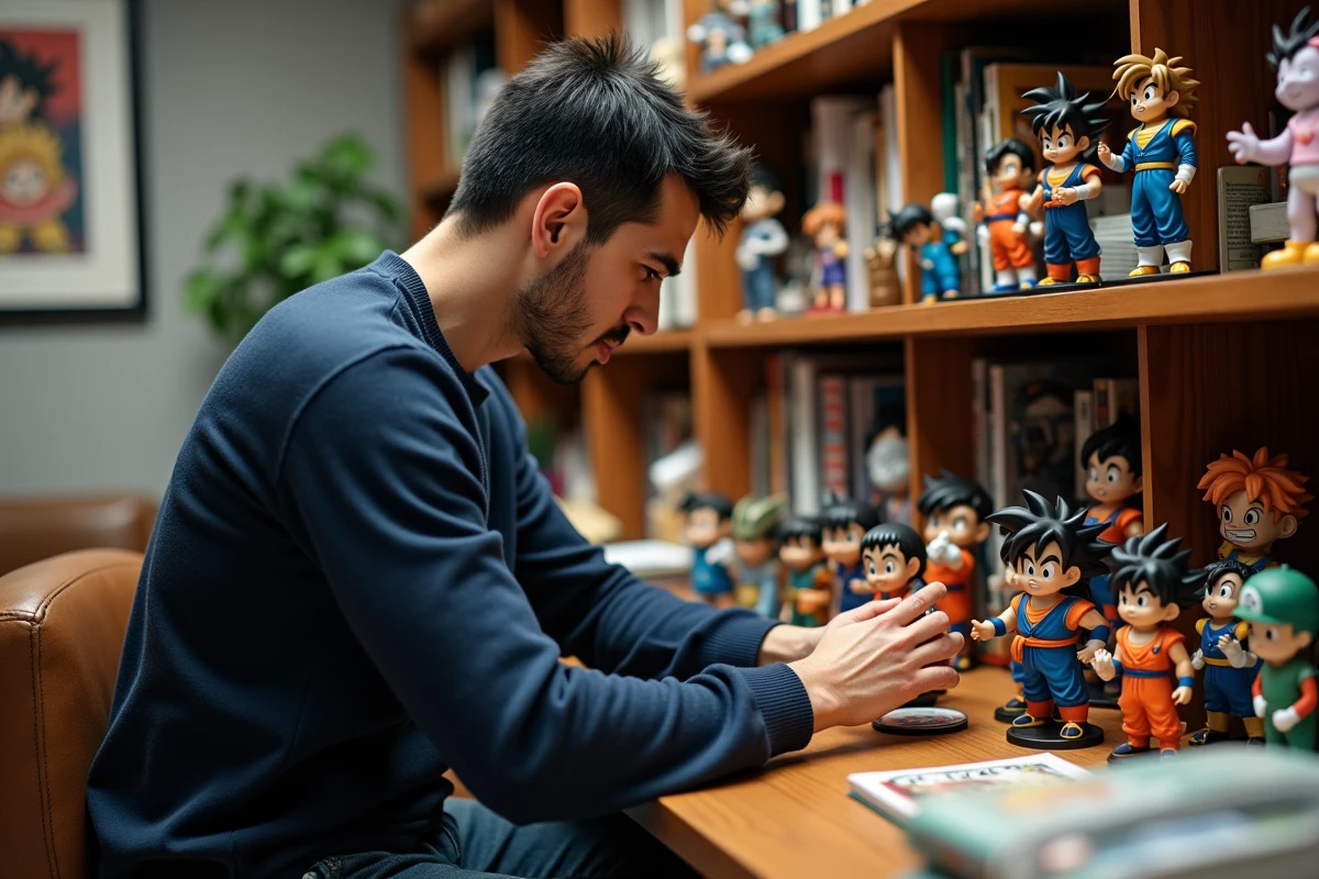 Collectionneur adulte arrangeant des figurines Dragon Ball sur une étagère de mangas vintage en bois