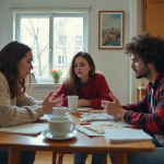 Trois colocataires discutent dans la cuisine en désordre