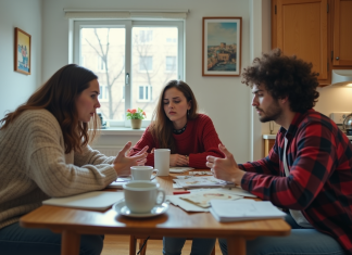 Trois colocataires discutent dans la cuisine en désordre