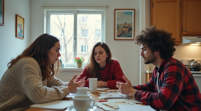 Trois colocataires discutent dans la cuisine en désordre