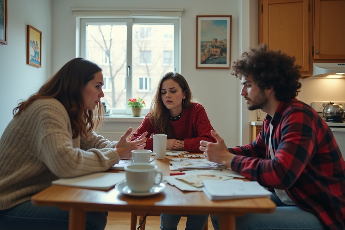 Trois colocataires discutent dans la cuisine en désordre