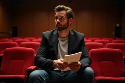 Homme en costume décontracté sur scène de théâtre vide