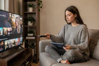 Jeune femme comparant des plateformes de streaming légales depuis son canapé avec une tablette et une télécommande