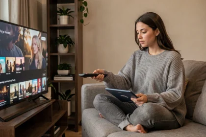Jeune femme comparant des plateformes de streaming légales depuis son canapé avec une tablette et une télécommande