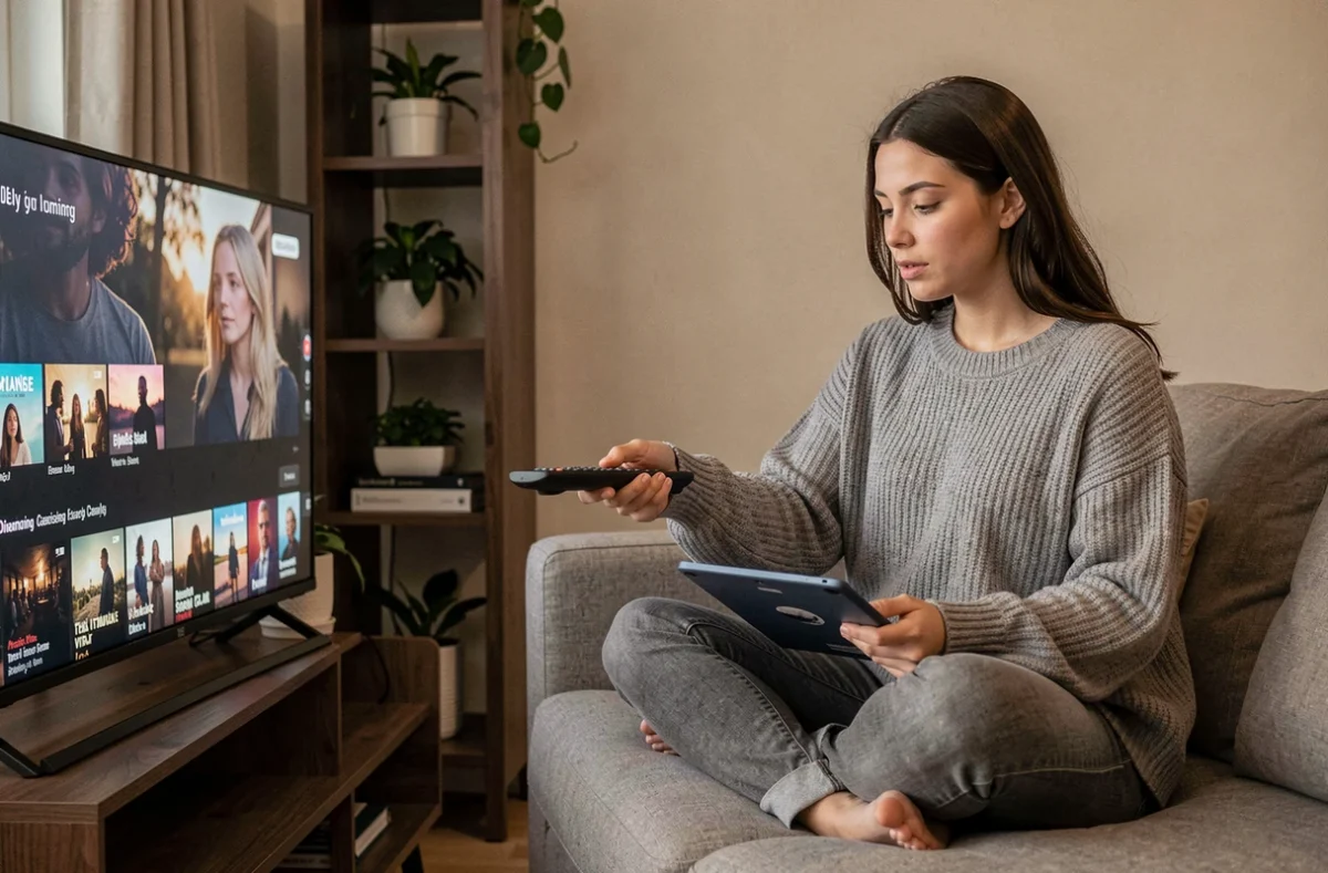 Jeune femme comparant des plateformes de streaming légales depuis son canapé avec une tablette et une télécommande
